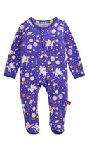 Load image into Gallery viewer, A purple onesie with unicorns, planets and stars design.
