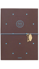 Load image into Gallery viewer, A brown hardcover journal with a light blue elastic band, decorated with small light blue diamond accents and a gold key charm, on a white background.

