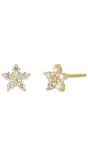 Load image into Gallery viewer, A pair of gold stud earrings featuring a cluster of clear round-cut gemstones in a flower-like starburst design, shown on a plain white background.
