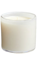 Load image into Gallery viewer, A single-wick candle in a clear glass jar, filled with creamy off-white wax, shown against a plain white background.
