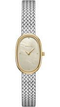 Load image into Gallery viewer, BREDA two-tone wristwatch featuring an elongated gold oval case, iridescent mother-of-pearl dial, minimalist gold hour markers and hands, and a polished silver woven-link bracelet.
