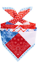 Load image into Gallery viewer, Collection of bandanas with red, blue, and white patterns on a white background
