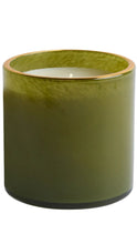 Load image into Gallery viewer, An olive green glass jar candle with a gold-toned rim and white wax inside, shown against a plain white background.
