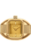 Load image into Gallery viewer, BREDA gold-tone watch ring featuring a rounded square case, monochromatic gold dial, minimalist gold hands and hour markers, and a wide ribbed band with a sculptural design.
