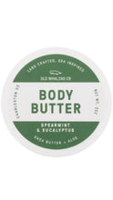 Load image into Gallery viewer, Old Whaling Co. Spearmint &amp; Eucalyptus body butter in a round white 2 oz. container with a green and white label.
