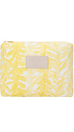 Yellow pouch with leaf pattern and beige patch on a white background