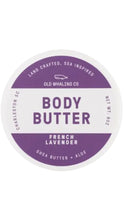 Load image into Gallery viewer, Old Whaling Co. French Lavender body butter in a round white 8 oz. container with a purple and white label, formulated with shea butter and aloe.
