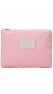 Pink checkered pouch with a brand label on a white background
