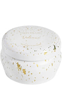 Load image into Gallery viewer, Capri Blue Volcano 3 oz candle in a white speckled tin with metallic gold accents and a matching white lid.
