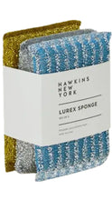 Load image into Gallery viewer, A set of three sparkling Lurex Sponges by Hawkins New York, packaged in a white paper sleeve. The sponges feature a glittery texture in gold, silver, and blue.
