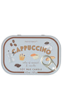 Load image into Gallery viewer, Paddywax Cappuccino soy wax candle in a silver oval tin with a pull tab, featuring coffee-themed illustrations and text on a white background.
