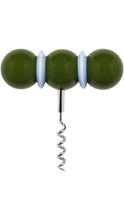Load image into Gallery viewer, Sculptural corkscrew featuring a horizontal handle with three glossy olive green spheres separated by pale blue discs, and a polished silver spiral wine opener extending from the center.
