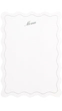 Load image into Gallery viewer, A white rectangular menu card with a scalloped wavy border and the word 'Menu' printed at the top in a small cursive font, shown on a white background.
