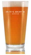 Load image into Gallery viewer, Pint glass filled with beer, showing coordinates and 'Denver' text on a white background
