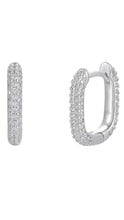 Load image into Gallery viewer, A pair of silver-toned huggie hoop earrings paved with small clear stones, shown from two angles on a plain white background.
