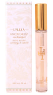 Lollia Magic Snowdrop Eau de Parfum 8.5 mL spray bottle next to its light pink and white illustrated packaging box, featuring a shiny gold cap and gold lettering.