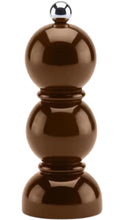 Load image into Gallery viewer, Glossy chocolate brown salt and pepper grinder featuring a sculptural design of three stacked rounded spheres, decorative ring detailing, a polished silver ball-shaped top knob, and a rounded base.
