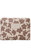 Floral-patterned pouch with a visible brand logo on a white background