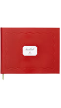 Load image into Gallery viewer, A red Guest Book planner with a scalloped border design and a white central label, shown on a plain white background.
