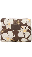 Floral-patterned pouch with a brand logo on a white background