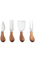 Load image into Gallery viewer, Four-piece cheese serving utensil set featuring stainless steel blades with warm natural wood handles, including cheese knives, a spreader, and serving fork.
