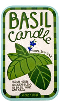 Load image into Gallery viewer, basil candle tin with basil leaves illustration

