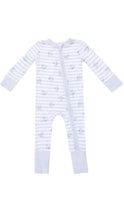 Load image into Gallery viewer, A baby long-sleeve footless one-piece sleeper with a front zipper, featuring light blue and white horizontal stripes and a subtle grey airplane print, shown on a plain white background.
