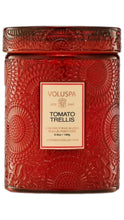 Load image into Gallery viewer, Voluspa Tomato Trellis scented candle in a textured red glass jar with a cream-colored label.
