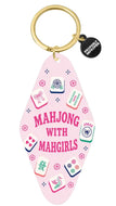 Pink “Mahjong with Mahgirls” keychain with colorful mahjong tile and floral illustrations, finished with a gold key ring.