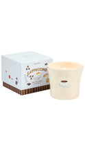 Load image into Gallery viewer, A small white wax candle in a cream-colored ceramic pot with a coffee cup illustration, shown next to its light blueand brown box labeled 'Cappuccino' on a plain white background.
