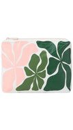A rectangular zippered pouch featuring a bold, stylized floral pattern with a large light pink flower on the left, a medium green flower in the center, and two dark green leaves on the right, all outlined in white on a white background.