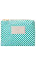 Load image into Gallery viewer, Turquoise and white checkered pouch with a beige patch on a white background
