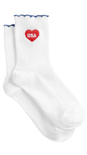 Load image into Gallery viewer, White sock with a red heart and 'USA' text on a white background
