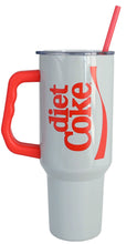Load image into Gallery viewer, A tall white insulated travel tumbler with a red handle, red straw, and red 'diet Coke' logo printed on the side, shown against a plain white background.
