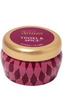 Load image into Gallery viewer, Capri Blue Artisan Tinsel &amp; Spice 3 oz candle in a festive burgundy and pink patterned tin with gold star accents and a metallic gold lid.
