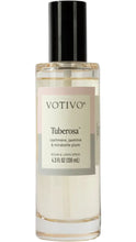 Load image into Gallery viewer, Votivo Tuberosa Room &amp; Linen Spray in a clear 4.3 fl oz bottle with a black cap, featuring notes of cashmere, jasmine, and mirabelle plum.
