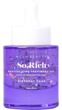 Load image into Gallery viewer, NCLA Beauty So Rich Birthday Cake Revitalizing Treatment Oil in a 1 fl. oz. purple glass dropper bottle filled with colorful iridescent star-shaped glitter.
