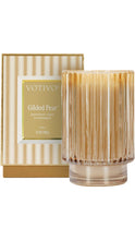 Load image into Gallery viewer, Votivo Gilded Pear 11.2 oz candle in a ribbed gold glass vessel with coordinating striped gift box, featuring notes of persimmon, cassis, and champagne.
