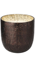 Load image into Gallery viewer, Dark brown textured candle vessel with a crackled finish, cream speckled interior, and white wax.

