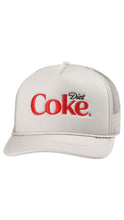 Load image into Gallery viewer, A silver trucker hat with a red embroidered 'Diet Coke' logo on the front, featuring a curved brim and white mesh back panels.
