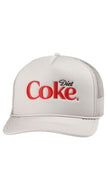 A silver trucker hat with a red embroidered 'Diet Coke' logo on the front, featuring a curved brim and white mesh back panels.