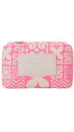 A pink and white patterned zippered pouch with a cream-colored front patch that reads 'ALOHA WAIANAE'.