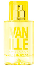 Load image into Gallery viewer, A bottle of Solinotes Vanille Eau de Parfum with a bright yellow cap and transparent glass showing the yellow liquid inside, featuring bold yellow lettering on the front.
