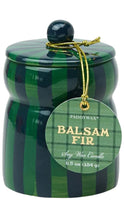 Load image into Gallery viewer, Paddywax Balsam Fir scented soy wax candle in a green and black plaid ceramic jar with a matching lid and a hanging round paper tag.
