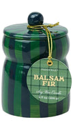 Paddywax Balsam Fir scented soy wax candle in a green and black plaid ceramic jar with a matching lid and a hanging round paper tag.