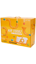 Load image into Gallery viewer, Bright yellow and orange Fat Brain Toy Co. Air Toobz air-powered play set, featuring product illustrations and a carrying handle on a white background.
