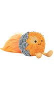 Plush toy resembling a comet with orange body, gray details, and beige feet on a white background