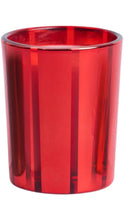 Load image into Gallery viewer, Cylindrical candle housed in a glossy, translucent red glass vessel with a subtle vertical striped design and smooth, rounded rim, shown against a white background.
