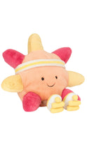 Load image into Gallery viewer, Plush toy sun with a yellow body, pink arms and mouth, and a white stripe on a white background. Sun is wearing roller skates.
