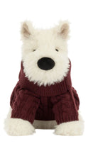 Load image into Gallery viewer, A plush dog toy wearing a burgundy cable-knit sweater, isolated on a white background.
